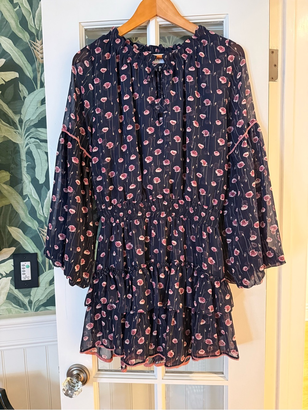 MISA LOS ANGELES Navy Floral Tiered Long Sleeve Dress SIZE MEDIUM